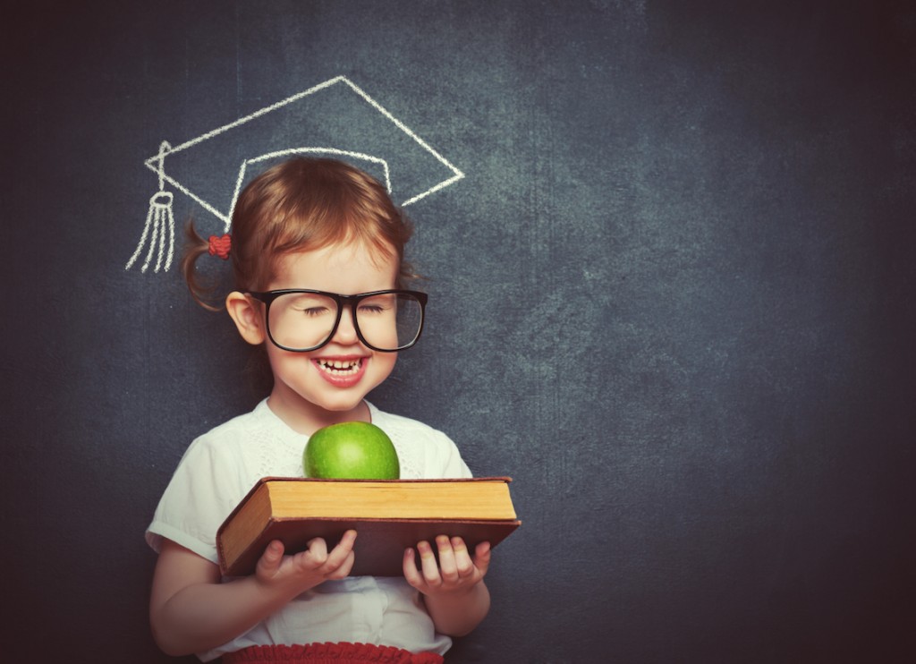 pretty little girl schoolgirl with books and apple in a school board